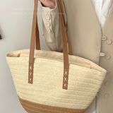  Túi cói đi biển vintage thời trang nữ phong cách cầm tay Hàn Quốc đẹp cổ điển màu nâu be sáng - TC105 