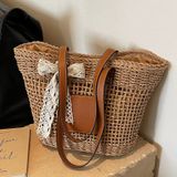  Túi cói đi biển vintage thời trang nữ phong cách cầm tay Hàn Quốc đẹp cổ điển màu nâu phối nơ - TC107 