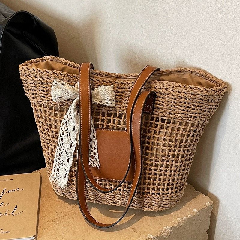  Túi cói đi biển vintage thời trang nữ phong cách cầm tay Hàn Quốc đẹp cổ điển màu nâu phối nơ - TC107 
