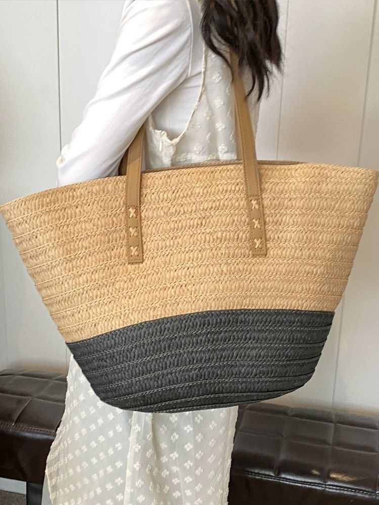  Túi cói đi biển vintage thời trang nữ phong cách cầm tay Hàn Quốc đẹp cổ điển màu nâu phối đen - TC104 