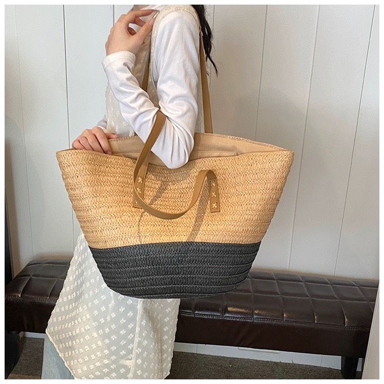  Túi cói đi biển vintage thời trang nữ phong cách cầm tay Hàn Quốc đẹp cổ điển màu nâu phối đen - TC104 