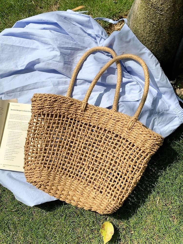  Túi cói đi biển vintage thời trang nữ phong cách cầm tay Hàn Quốc đẹp cổ điển màu nâu be- TC108 