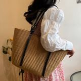  Túi cói đi biển vintage thời trang nữ phong cách cầm tay Hàn Quốc đẹp cổ điển màu nâu đậm - TC103 