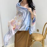  Khăn quàng choàng cổ lụa cao cấp cho nữ văn phòng sở đẹp màu xanh phối hoa sen AGANA - KS172 