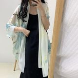  Khăn quàng choàng cổ lụa cao cấp cho nữ văn phòng sở đẹp màu xanh phối hoa sen AGANA - KS180 