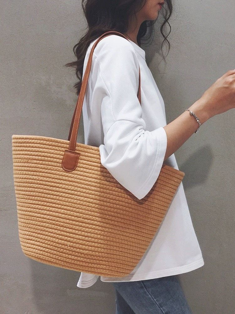  Túi cói đi biển vintage thời trang nữ phong cách cầm tay Hàn Quốc đẹp cổ điển màu nâu  - TC102 