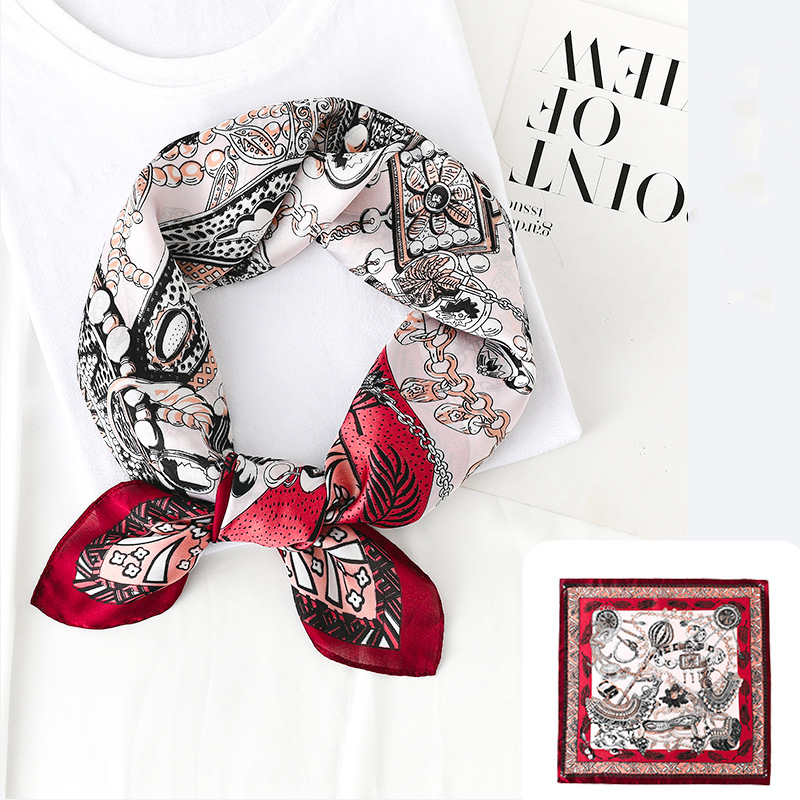  Khăn quàng cổ size vuông 70cm lụa mỏng nhẹ thích hợp cho mùa hè mùa xuân mùa thu chống nắng họa tiết dây xích màu đỏ đô AGANA- KL401 