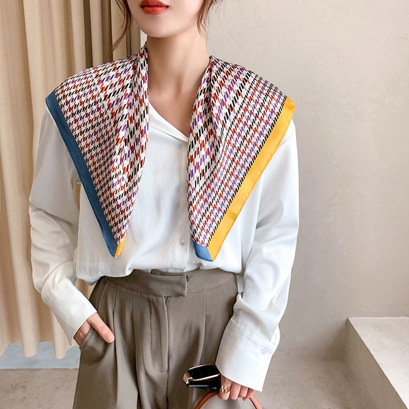  Khăn quàng choàng cổ lụa vuông cao cấp cho nữ văn phòng sở đẹp viền vàng xanh trời họa tiết sọc AGANA - KL416 