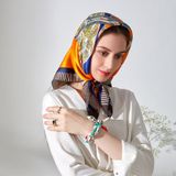  Khăn quàng choàng cổ lụa vuông cao cấp cho nữ văn phòng sở đẹp màu cam phối xanh trời họa tiết yên ngựa AGANA - KL413 