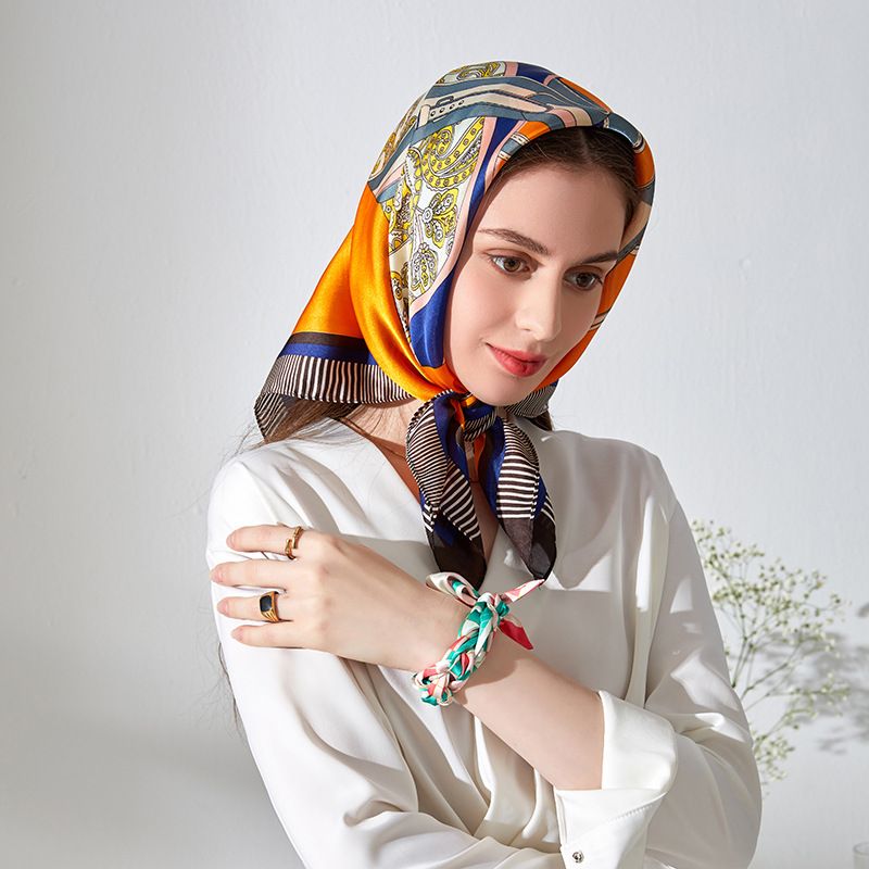  Khăn quàng choàng cổ lụa vuông cao cấp cho nữ văn phòng sở đẹp màu cam phối xanh trời họa tiết yên ngựa AGANA - KL413 