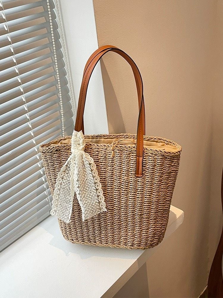  Túi cói đi biển vintage thời trang nữ phong cách cầm tay Hàn Quốc đẹp cổ điển màu nâu - TC106 