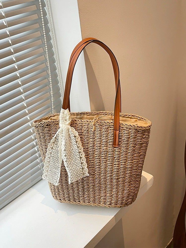  Túi cói đi biển vintage thời trang nữ phong cách cầm tay Hàn Quốc đẹp cổ điển màu nâu - TC106 