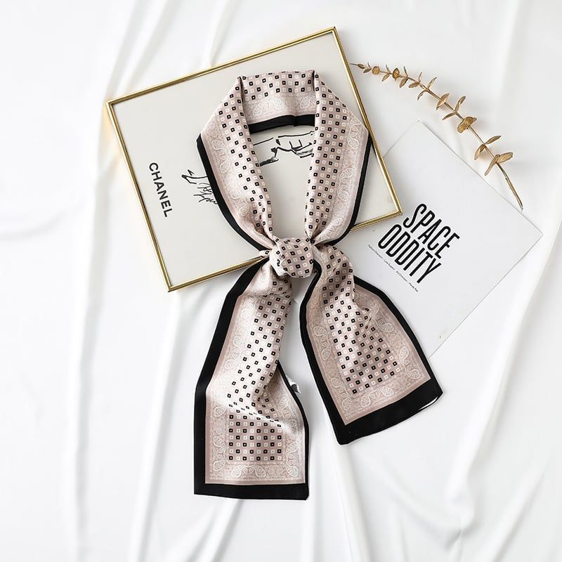  Khăn quàng choàng cổ lụa cao cấp cho nữ văn phòng công sở đẹp họa tiết ruy băng màu be AGANA - K1008 