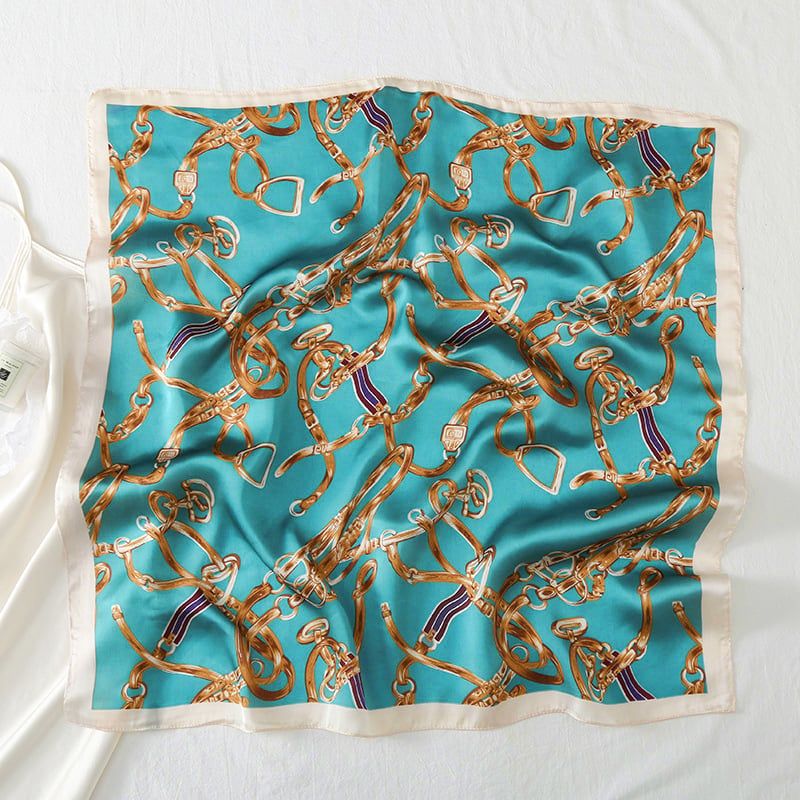  Khăn quàng choàng cổ lụa vuông cao cấp cho nữ văn phòng sở đẹp màu xanh hoàng hôn họa tiết dây xích vàng AGANA - KL414 