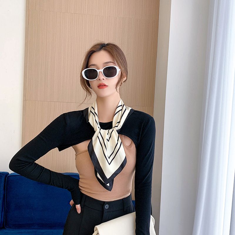  Khăn quàng choàng cổ lụa vuông cao cấp cho nữ văn phòng sở đẹp màu trắng họa tiết sọc đen AGANA - KL415 