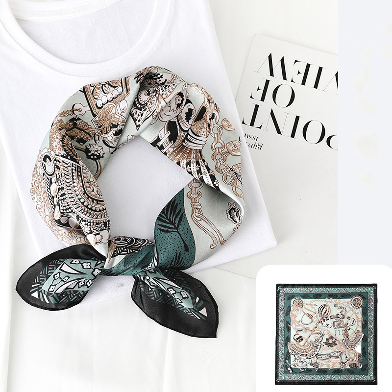  Khăn quàng cổ size vuông 70cm lụa mỏng nhẹ thích hợp cho mùa hè mùa xuân mùa thu chống nắng họa tiết dây xích màu xanh rêu AGANA- KL400 