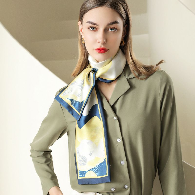  Khăn quàng choàng cổ lụa cao cấp cho nữ văn phòng công sở đẹp họa tiết hoa văn nổi màu xanh dương AGANA - K1007 