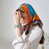 Khăn quàng choàng cổ lụa vuông cao cấp cho nữ văn phòng sở đẹp màu cam phối xanh trời họa tiết yên ngựa AGANA - KL413 
