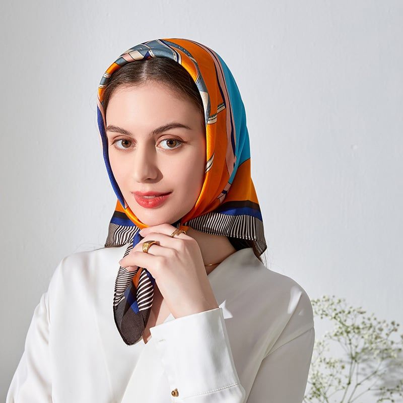  Khăn quàng choàng cổ lụa vuông cao cấp cho nữ văn phòng sở đẹp màu cam phối xanh trời họa tiết yên ngựa AGANA - KL413 