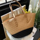  Túi cói đi biển vintage thời trang nữ phong cách cầm tay Hàn Quốc đẹp cổ điển màu nâu phối đen - TC104 