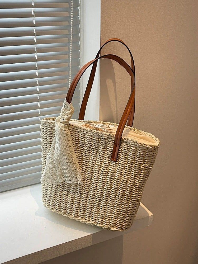  Túi cói đi biển vintage thời trang nữ phong cách cầm tay Hàn Quốc đẹp cổ điển màu nâu - TC106 