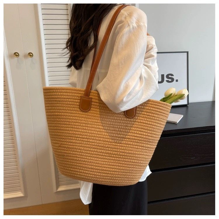 Túi cói đi biển vintage thời trang nữ phong cách cầm tay Hàn Quốc đẹp cổ điển màu nâu  - TC102 