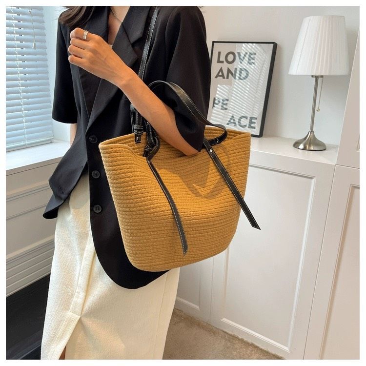  Túi cói đi biển vintage thời trang nữ phong cách cầm tay Hàn Quốc đẹp cổ điển màu nâu đậm - TC103 