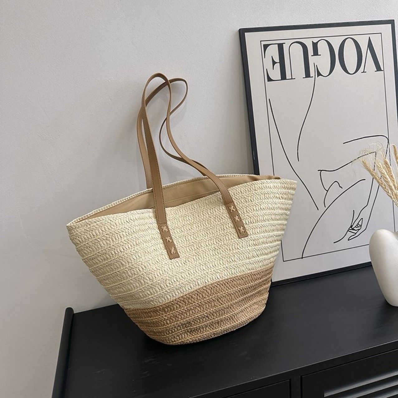  Túi cói đi biển vintage thời trang nữ phong cách cầm tay Hàn Quốc đẹp cổ điển màu nâu be sáng - TC105 