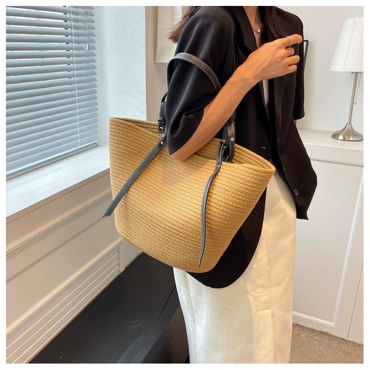  Túi cói đi biển vintage thời trang nữ phong cách cầm tay Hàn Quốc đẹp cổ điển màu nâu đậm - TC103 