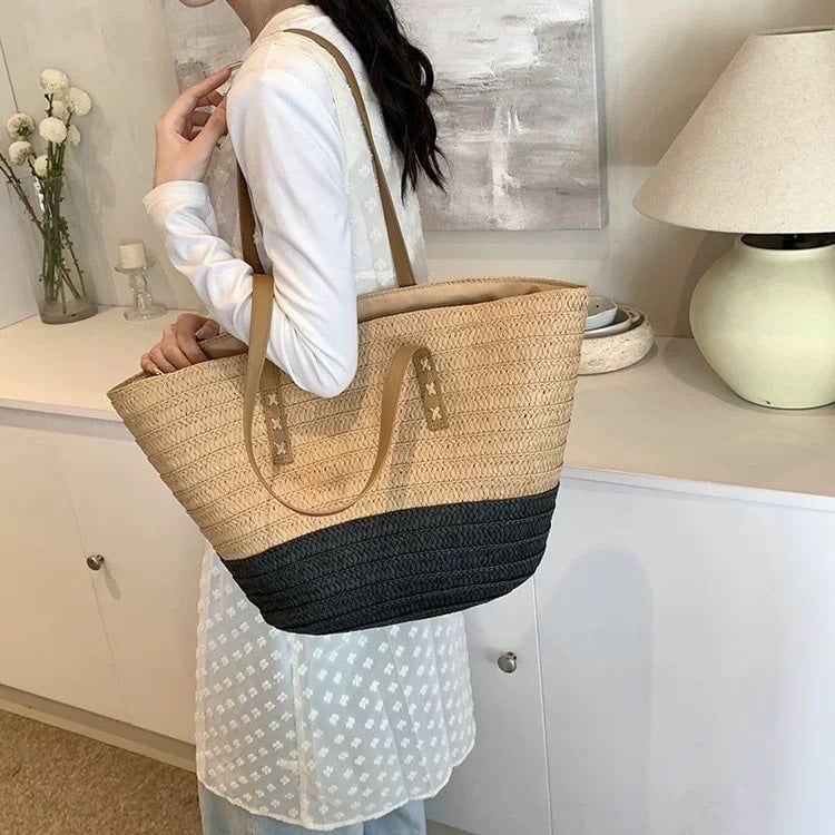  Túi cói đi biển vintage thời trang nữ phong cách cầm tay Hàn Quốc đẹp cổ điển màu nâu phối đen - TC104 
