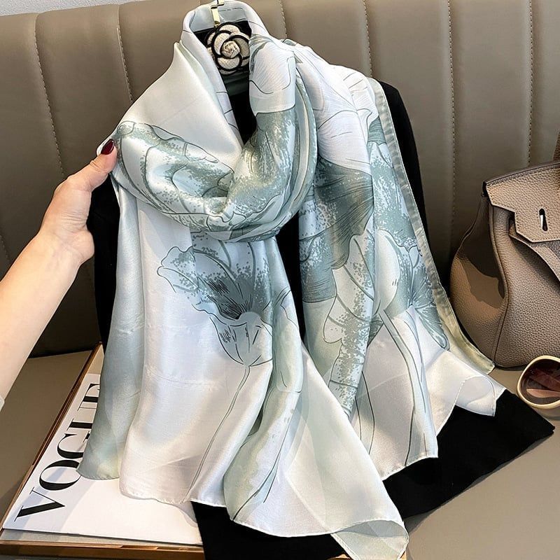  Khăn quàng choàng cổ lụa cao cấp cho nữ văn phòng sở đẹp họa tiết hoa sen AGANA - KS190 