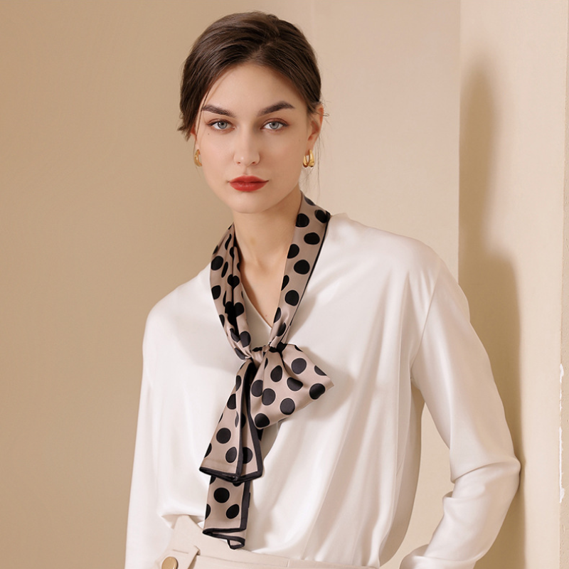  Khăn quàng choàng cổ lụa cao cấp cho nữ văn phòng công sở đẹp họa tiết chấm bi màu nâu cà phê AGANA- K1004 