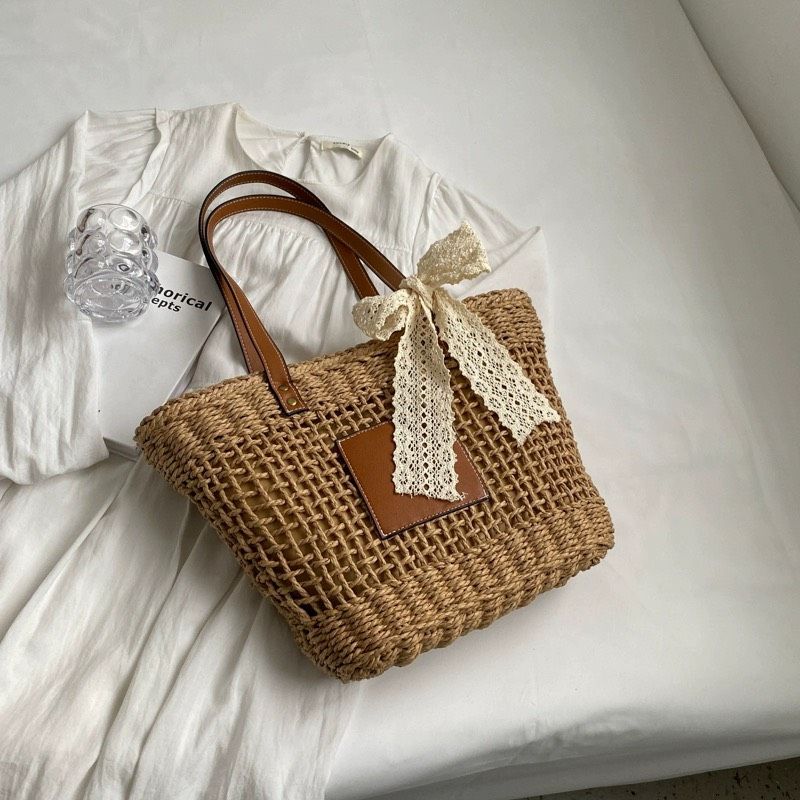  Túi cói đi biển vintage thời trang nữ phong cách cầm tay Hàn Quốc đẹp cổ điển màu nâu phối nơ - TC107 