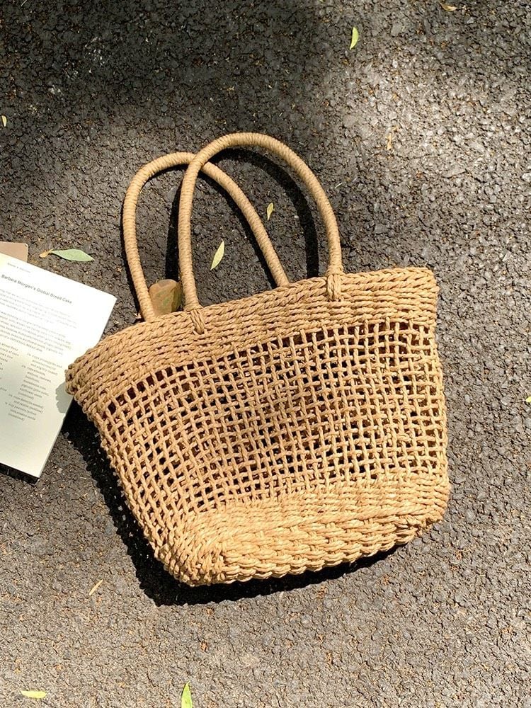  Túi cói đi biển vintage thời trang nữ phong cách cầm tay Hàn Quốc đẹp cổ điển màu nâu be- TC108 