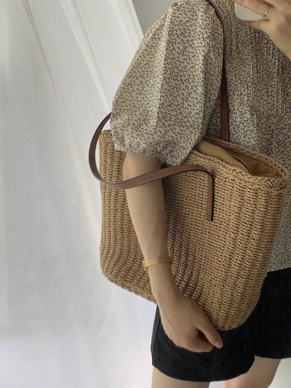  Túi cói đi biển vintage thời trang nữ phong cách cầm tay Hàn Quốc đẹp cổ điển màu nâu - TC106 