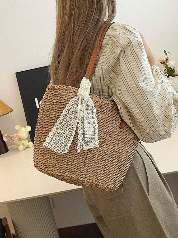  Túi cói đi biển vintage thời trang nữ phong cách cầm tay Hàn Quốc đẹp cổ điển màu nâu - TC106 