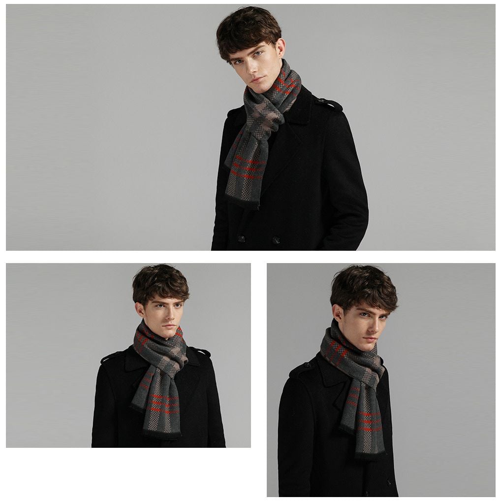  Quà tặng 20/11 cho đối tác nam, sếp nam, đồng nghiệp nam, người yêu nam ,bạn bè, anh trai hoặc người thân quà tặng Khăn quàng choàng cổ nam Hàng Hiệu & Cao Cấp - Khăn len cashmere giữ ấm họa tiết màu Xám sọc đỏ - KN014 