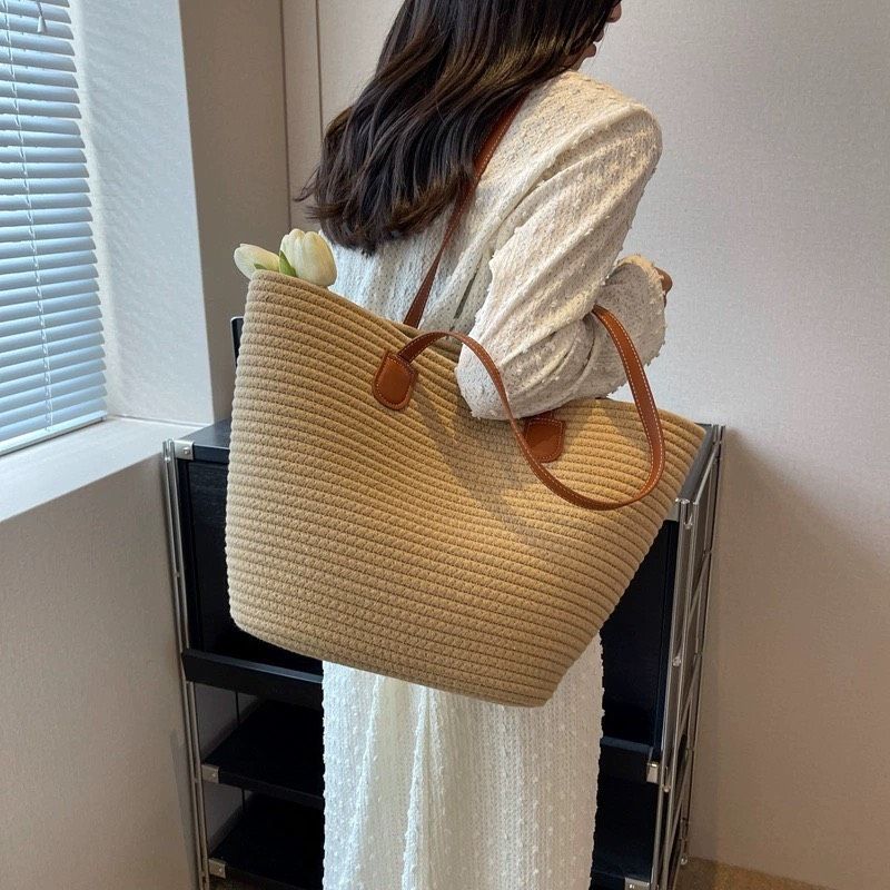  Túi cói đi biển vintage thời trang nữ phong cách cầm tay Hàn Quốc đẹp cổ điển màu nâu  - TC102 