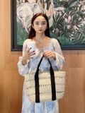  Túi cói đi biển vintage thời trang nữ phong cách cầm tay Hàn Quốc đẹp cổ điển màu nâu be  - TC111 