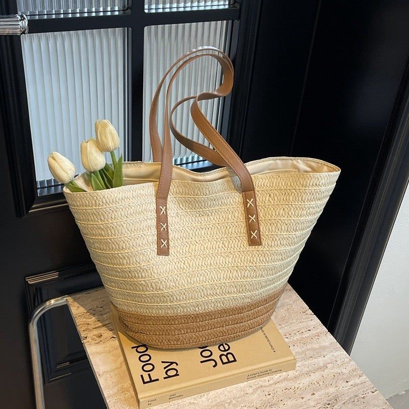  Túi cói đi biển vintage thời trang nữ phong cách cầm tay Hàn Quốc đẹp cổ điển màu nâu be sáng - TC105 