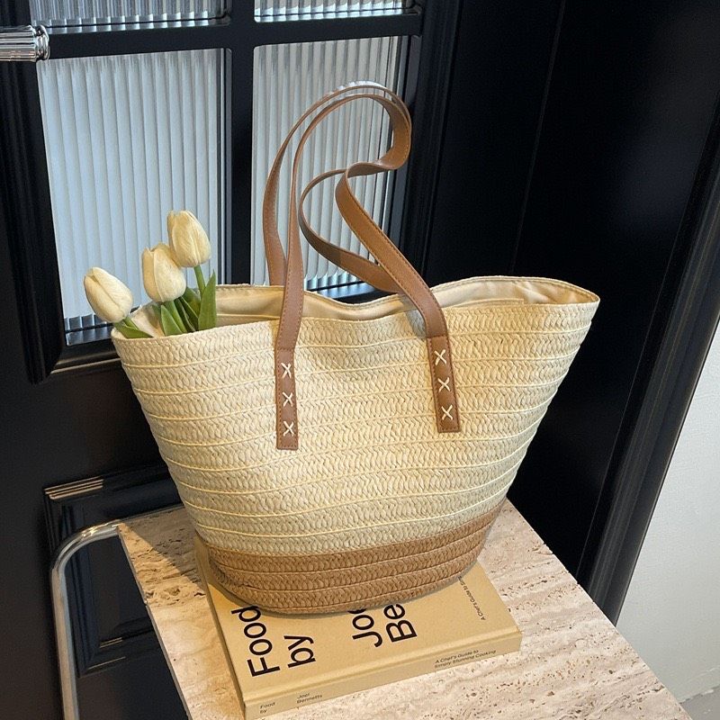  Túi cói đi biển vintage thời trang nữ phong cách cầm tay Hàn Quốc đẹp cổ điển màu nâu be sáng - TC105 