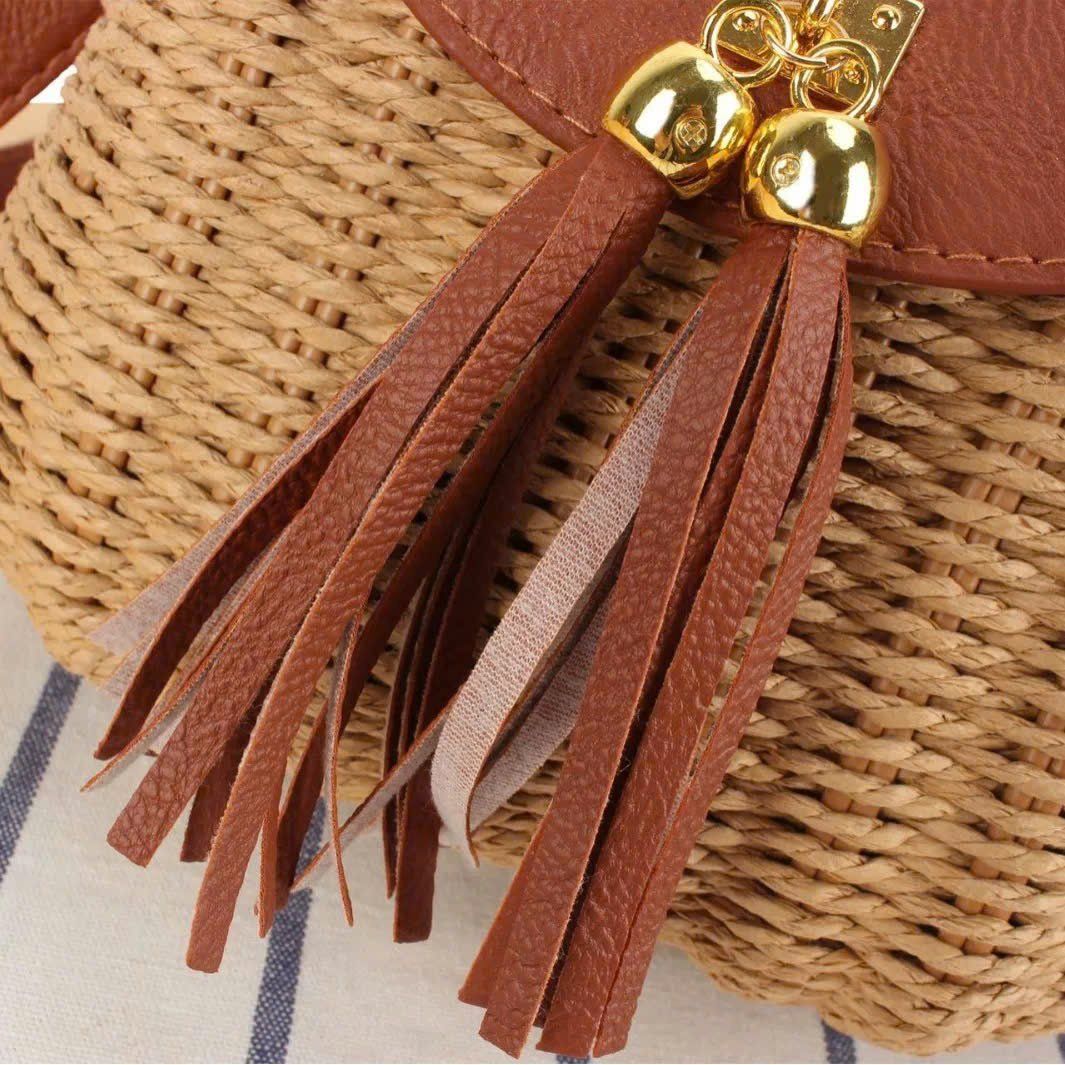  Túi cói đi biển vintage thời trang nữ phong cách cầm tay Hàn Quốc đẹp cổ điển màu nâu tua rua - TC119 