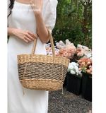  Túi cói đi biển vintage thời trang nữ phong cách cầm tay Hàn Quốc đẹp cổ điển màu nâu đậm - TC109 