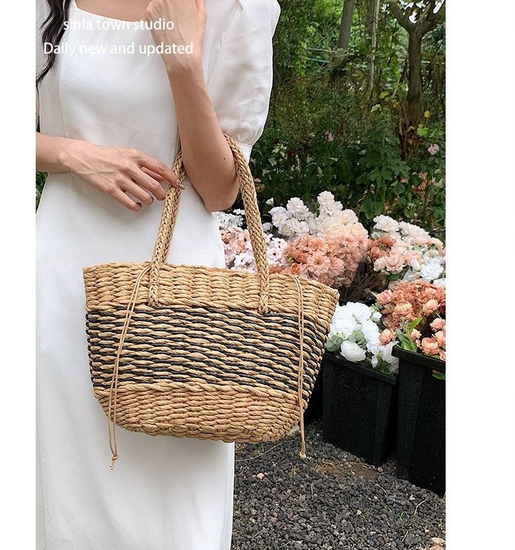  Túi cói đi biển vintage thời trang nữ phong cách cầm tay Hàn Quốc đẹp cổ điển màu nâu đậm - TC109 