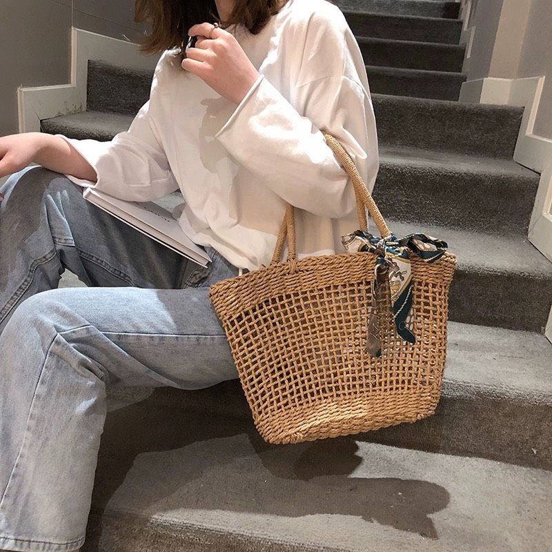  Túi cói đi biển vintage thời trang nữ phong cách cầm tay Hàn Quốc đẹp cổ điển màu nâu be- TC108 