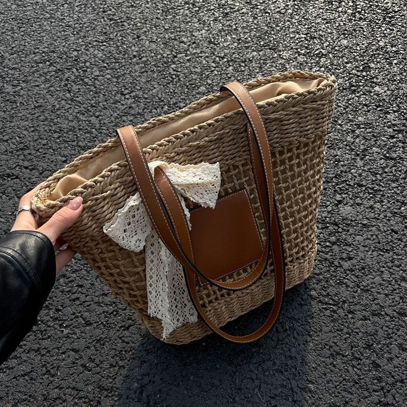  Túi cói đi biển vintage thời trang nữ phong cách cầm tay Hàn Quốc đẹp cổ điển màu nâu phối nơ - TC107 
