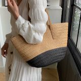  Túi cói đi biển vintage thời trang nữ phong cách cầm tay Hàn Quốc đẹp cổ điển màu nâu phối đen - TC104 