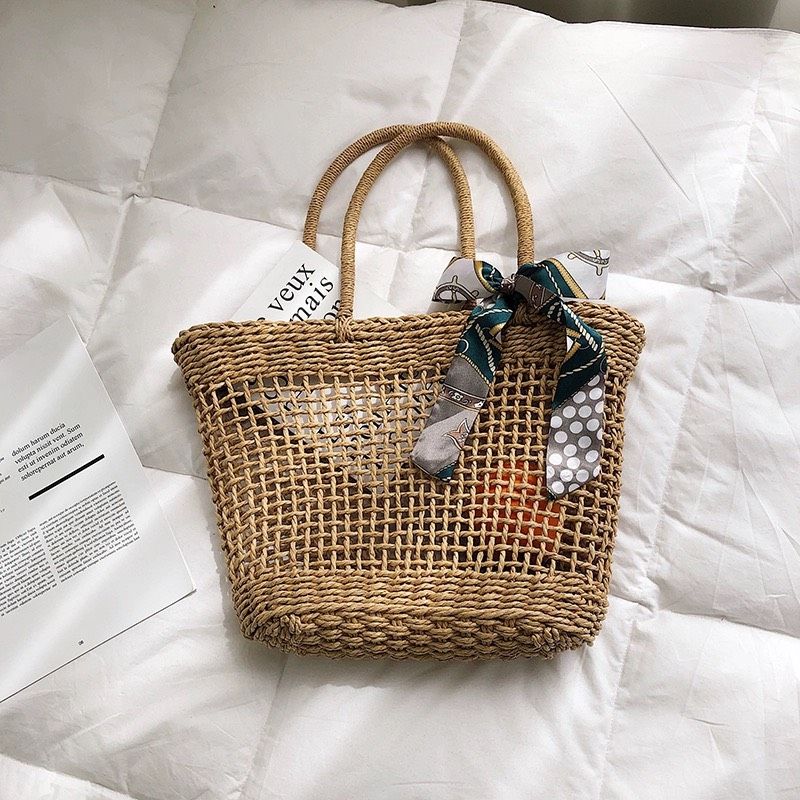 Túi cói đi biển vintage thời trang nữ phong cách cầm tay Hàn Quốc đẹp cổ điển màu nâu be- TC108 