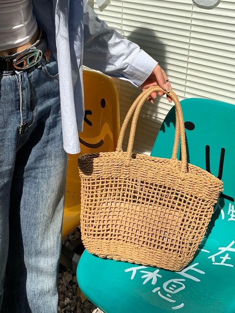  Túi cói đi biển vintage thời trang nữ phong cách cầm tay Hàn Quốc đẹp cổ điển màu nâu be- TC108 