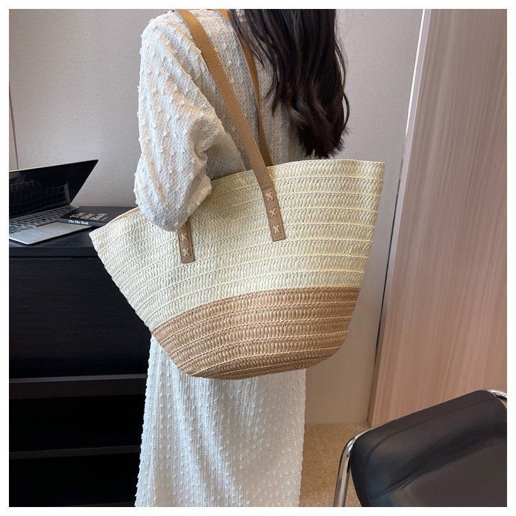  Túi cói đi biển vintage thời trang nữ phong cách cầm tay Hàn Quốc đẹp cổ điển màu nâu be sáng - TC105 